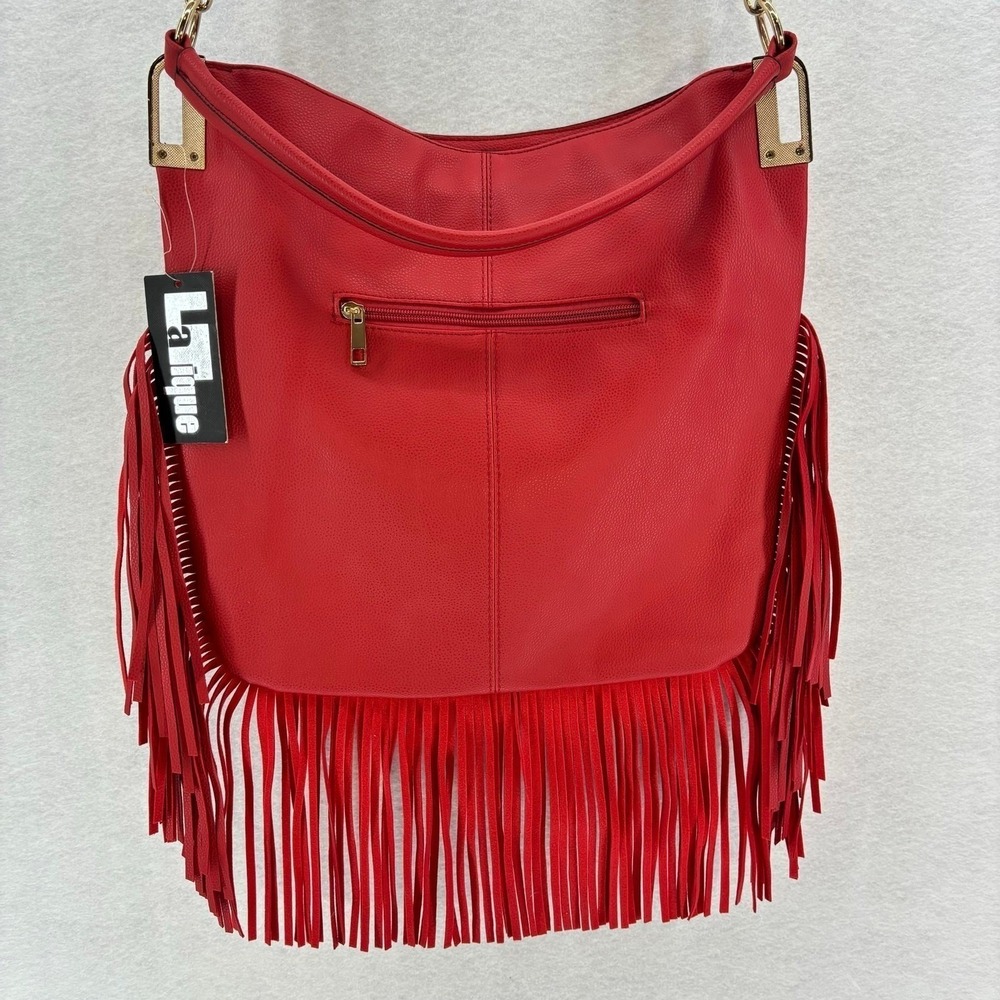 LaTique Red Studded Fringe Hobo Bag Vegan Leather Boho Western Festival Cowgirl - Picture 5 of 13